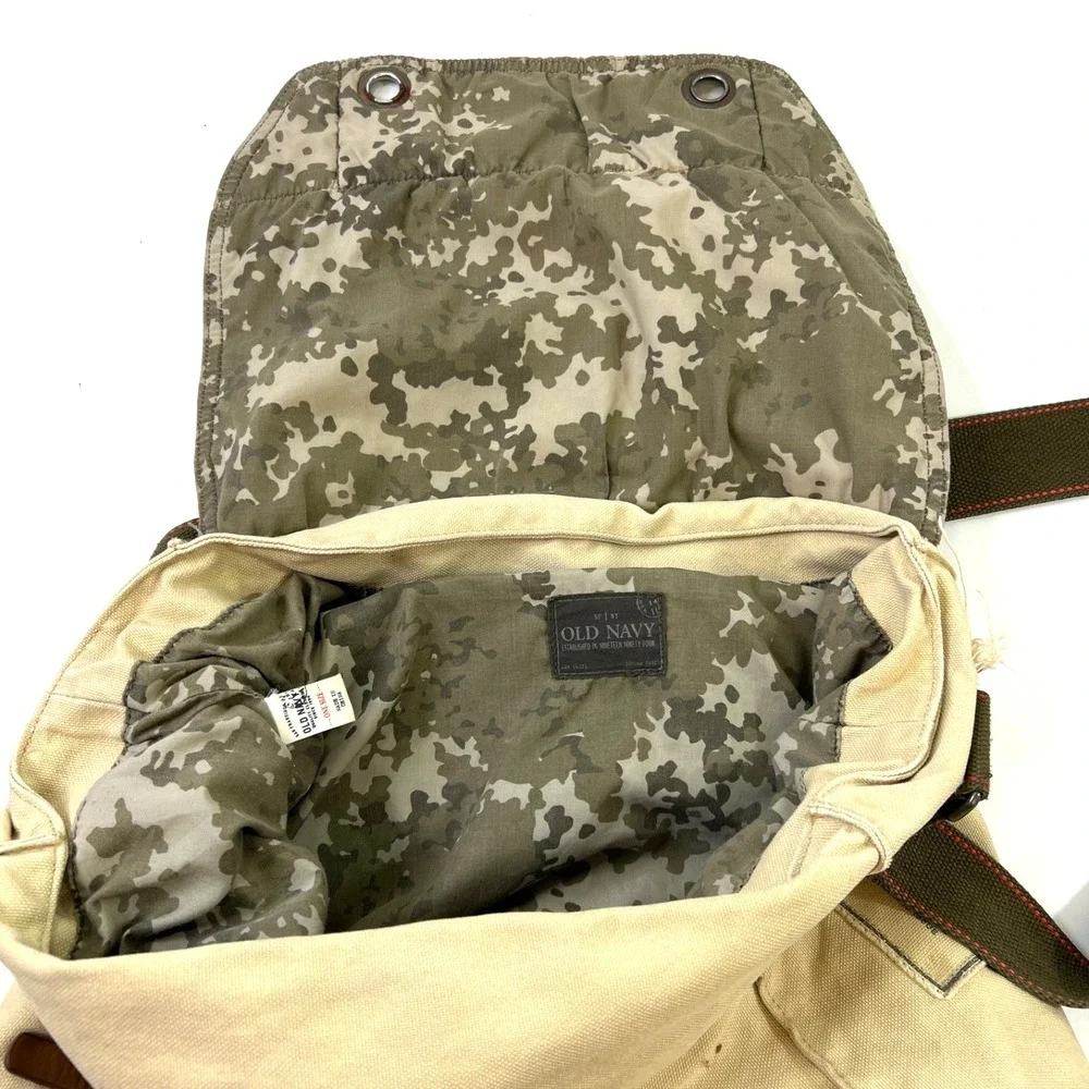 Old Navy Beige Canvas Messenger Bag Camo Lining Leather Tabs Distressed Adjustbl